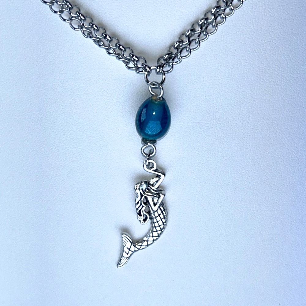 Handmade Stainless Steel Mermaid & Glass Bead Double Chain Necklace Beach Boho